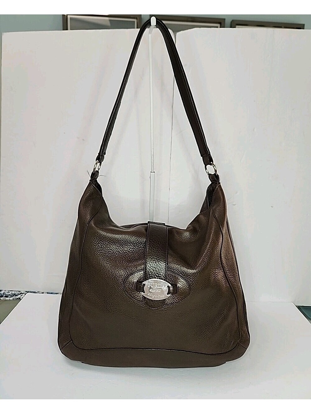 VTG FURLA Leather Logo Bag Hobo Large Women's Drk Brown Genuine Pebbled RARE